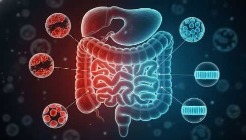 High-quality 3D medical illustration showing a glowing, inflamed digestive tract with microscopic views of the intestinal barrier. Red and orange hues representing inflammation and cortisol transition beautifully into calm blue hues on one side, symbolizing the transition from stress to a healed, sealed gut lining.