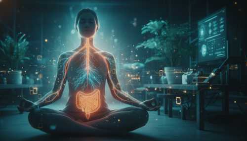 A photorealistic double exposure image showing a calm person meditating, overlaid with a glowing, stylized representation of the gut-brain connection (vagus nerve) and a subtle, scientific visualization of cellular healing. Modern biohacking aesthetic, cinematic lighting, 8k resolution, teal and warm orange color palette.