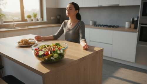 A realistic, well-lit scene in a modern, organized kitchen. A person is sitting at the kitchen island, eyes closed in a moment of mindful breathing before eating. In front of them is a colorful, healthy salad bowl. In the blurred background, a plate of refined sugary snacks is being ignored. Soft, warm morning sunlight streaming through the window.