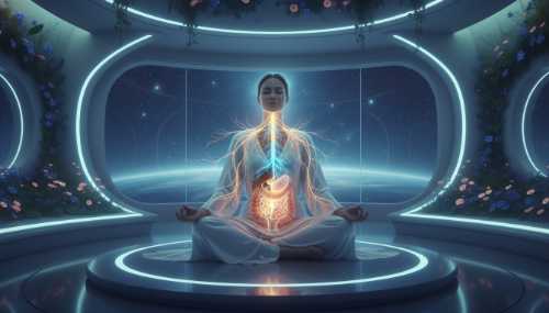 A hyper-realistic conceptual photo. A luminous, glowing neural pathway representing the vagus nerve connecting the brain to the abdomen of a person sitting peacefully in a futuristic, softly lit meditation space. The environment conveys profound tranquility and safety, utilizing soft bioluminescent lighting.