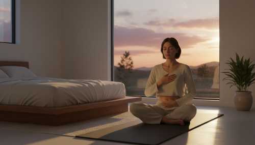 A peaceful, minimalist bedroom setting at sunset. A healthy, radiant person is sitting on a sleek meditation mat, bathed in warm golden hour light streaming through a large window. They have one hand gently resting on a flat stomach and the other on their heart, looking serene, embodying a completely regulated nervous system.