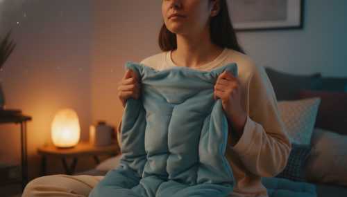 Close-up portrait of a relaxed individual engaging in coherent breathing. The person is holding a soft weighted blanket over their chest and abdomen, embodying the tactile 'Gummymoda' trend. The environment is a cozy, dimly lit room with soft ambient bio-responsive lighting, conveying a deep sense of safety and somatic relaxation. Photorealistic, soft background focus.