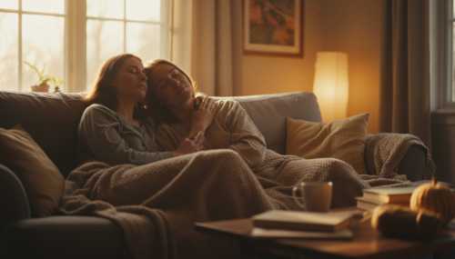 Fotografía cálida e íntima de una pareja compartiendo un momento de tranquilidad en un sofá acogedor, rodeados de mantas de texturas suaves. Uno de ellos acaricia el hombro y el cuello del otro con un movimiento rítmico y calmante, reflejando un ambiente de 'Gummymoda' y conexión segura sin necesidad de hablar. Luz dorada del atardecer entrando por la ventana, rostros relajados y respiración pausada.