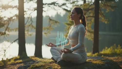 Fotografía de alta resolución estilo 'lifestyle' de una persona meditando con los ojos cerrados en un espacio natural y luminoso, irradiando una profunda serenidad. Lleva un moderno smartwatch que proyecta un holograma sutil de ondas cardíacas estables, representando el biohacking y la autorregulación somática. La imagen transmite resiliencia, paz interior y neuroplasticidad exitosa.
