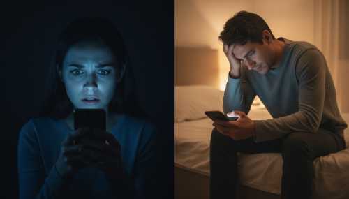 Fotografía hiperrealista de una composición visual dividida o de contraste. En un lado, una mujer iluminada únicamente por la luz azul de su móvil en una habitación oscura, con expresión de profunda ansiedad esperando un mensaje. En el otro, un hombre sentado en el borde de una cama en una habitación con luz cálida pero tenue, frotándose las sienes con agobio mientras presiona la pantalla de su teléfono para activar el modo avión. Alta calidad cinematográfica.