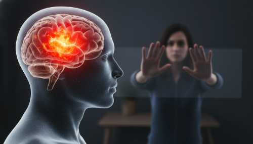 Imagen conceptual y fotorealista que muestra el perfil translúcido de una persona con el cerebro visible, destacando la amígdala brillando intensamente en colores rojo fuego y naranja, simbolizando el exceso de cortisol y el bloqueo químico. En el fondo, suavemente desenfocado, se aprecia a su pareja con los brazos extendidos intentando acercarse, pero topando con una barrera emocional invisible. Iluminación dramática.