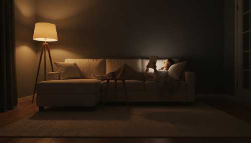 A photorealistic nighttime scene of a cozy living room illuminated strictly by a low-level, warm amber floor lamp. A person is relaxing on a soft sofa, reading a physical book. Deep shadows, absolutely no overhead lighting or blue screens, conveying a calm, parasympathetic, and sleep-ready environment.