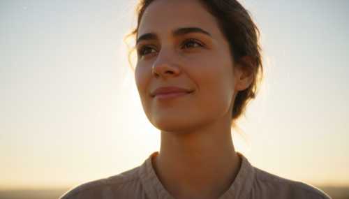 A photorealistic, high-quality portrait of a healthy individual looking towards the bright morning sun, the sunlight reflecting gently in their eyes. The scene exudes energy, vitality, and circadian optimization, with warm, crisp morning rays illuminating their face against a clear sky. Shot on 35mm lens, cinematic lighting.