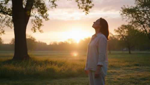 A photorealistic outdoor shot of a person standing in a park at sunrise, looking gently towards the glowing horizon without sunglasses. They are taking in the morning light, feeling the breeze. Bright, clear sky, highly detailed, vibrant morning colors, capturing the essence of a natural light protocol.