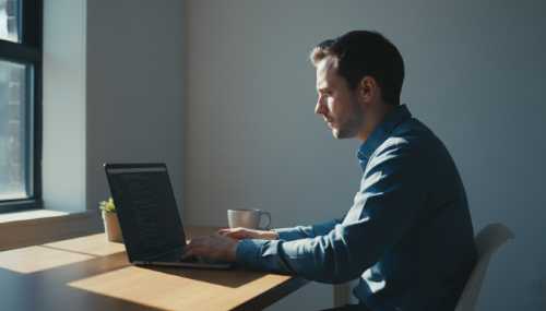 A photorealistic image of a person deeply focused on a modern laptop in a minimalist workspace. Bright natural sunlight streams through a nearby window, naturally illuminating the desk. The atmosphere is highly productive and sharp, with high contrast lighting, perfectly capturing a state of cognitive flow and peak alertness.