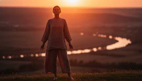 A beautiful, photorealistic shot of an individual standing outdoors, bathed in the rich red and deep orange hues of a setting sun. The warm, low-angle light shines gently on their face, highlighting a serene and peaceful expression. Shot with an 85mm lens, soft bokeh background, emphasizing circadian alignment and relaxation.