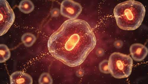 A highly detailed, photorealistic macro 3D visualization of human cells and mitochondria glowing with vibrant, warm red and golden energy, symbolizing ATP production and cellular repair. Medical science aesthetic, glowing particles, deep crimson and dark background, sharp focus.