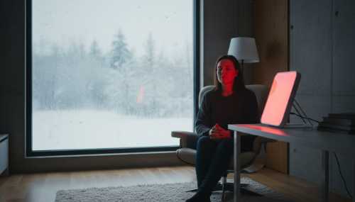 A photorealistic image of a person sitting indoors during a gloomy, snowy winter day, looking out a frosted window while a subtle, glowing red therapeutic LED light panel shines on their face from a sleek desk. Cinematic lighting, high detail, symbolizing the contrast between winter seasonal depression and revitalizing biological energy.