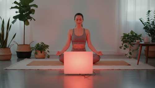 A photorealistic image of a woman meditating in the lotus position on a yoga mat in a cozy, minimalist living room. A red light therapy panel illuminates her from the front with a soft, warm crimson glow. Surrounded by lush indoor plants, peaceful and serene atmosphere, high resolution.
