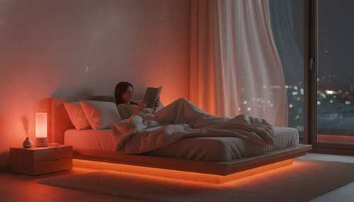 A photorealistic, warm interior shot of a minimalist bedroom at night, illuminated gently by ambient red and warm orange therapeutic lighting. A person is comfortably reading a book in bed under the soft red glow. Cozy and relaxing sleep-inducing atmosphere, cinematic night lighting.