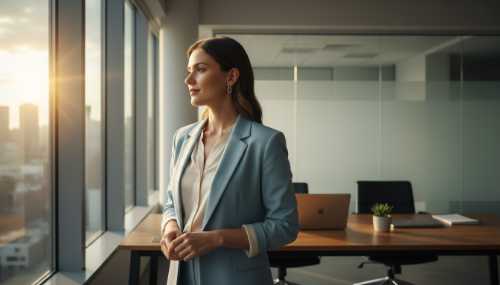 Photorealistic wide shot of a professional woman in a modern, well-lit office, looking out the window with a peaceful, recovered expression, morning sunlight illuminating her face. Soft cinematic lighting, symbolizing clarity and recovery from burnout, high resolution, 8k.