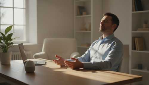 Photorealistic image of a man sitting at his minimalist desk with his eyes closed, practicing deep breathing. His hands are resting gently on his lap, shoulders relaxed. Soft natural light pouring in from a nearby window, conveying a deep sense of calm and vagus nerve stimulation amidst a workday. DSLR, shallow depth of field.