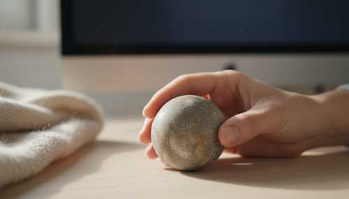 Close-up photorealistic shot of a person's hand gently holding a smooth, round river stone over a minimalist wooden desk. A blurred computer monitor is in the background. Soft, natural morning light highlights the textures of the stone and a nearby soft woolen blanket. Highly detailed, macro photography, calming atmosphere.