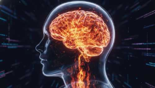 Conceptual photorealistic macro photography of a glowing human brain made of warm amber and red light inside a sleek glass silhouette of a head, symbolizing neuroinflammation and cortisol overload. Dark background with subtle neon digital data streams fading into the shadows, highly detailed, 8k.