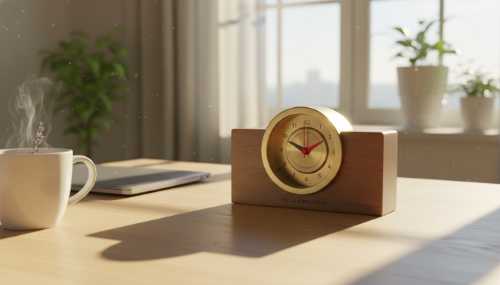 Photorealistic image of an elegant analog desk clock or a sleek modern smart timer showing a 10-minute countdown, resting on a clean wooden workspace next to a cup of herbal tea and a closed laptop. Sunbeams creating a warm, inviting glow, symbolizing scheduled micro-breaks and energy management. 8k, ultra-realistic.