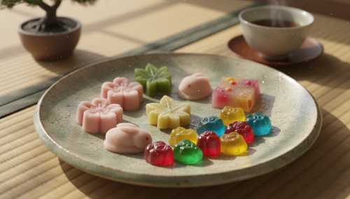 Close-up macro photography of traditional Japanese Wagashi sweets and vibrant gummy candies arranged beautifully on a minimalist artisan ceramic plate. A peaceful, zen-like setting with soft morning sunlight streaming through a bamboo blind. Highly detailed textures of the sweets, conveying calmness, mindful eating, and sensory appreciation. Photorealistic, 85mm lens.