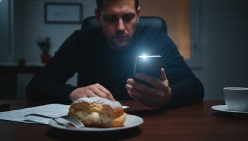 A cinematic, high-contrast shot of a person looking mentally exhausted while staring at a glowing smartphone in a dark, modern home office. In the foreground, a half-eaten sugary pastry sits on the desk out of focus. Visual representation of cortisol-driven stress and reactive hypoglycemia. Photorealistic, dramatic mood lighting, deep shadows.