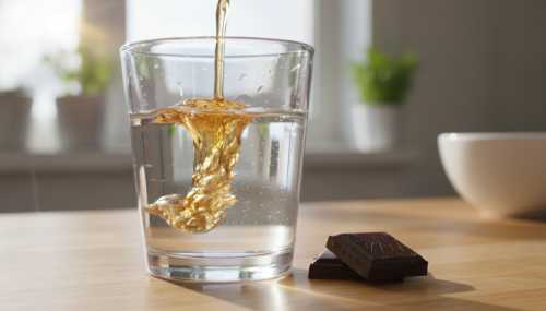 A highly detailed, photorealistic image of a transparent glass of water with a splash of golden apple cider vinegar being poured into it, backlit by soft, natural sunlight. Beside the glass on a wooden table, a single, elegant square of 85% dark chocolate. Fresh, clean, biohacking wellness aesthetic, sharp focus on the splashing liquid, high speed photography.