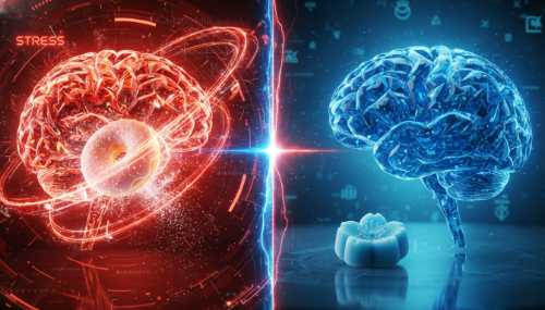 A hyper-realistic split-screen composition symbolizing the brain's cravings vs mindfulness. On one side, a glowing, chaotic brain surrounded by a bright, sugary donut and neon red 'stress' energy. On the other side, a calm, serene brain in cool blue tones with a single, elegant Japanese wagashi sweet. High-tech biohacking aesthetic, 8k resolution, cinematic lighting.