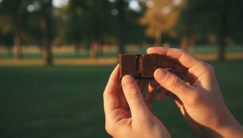 A close-up shot of a person's hands delicately holding a single piece of dark chocolate while resting outdoors in a green park. The background is a soft bokeh of lush trees at golden hour. The person's body language conveys total relaxation, presence, and mindfulness. ASMR visual style, soft lighting, incredibly detailed skin and chocolate texture.