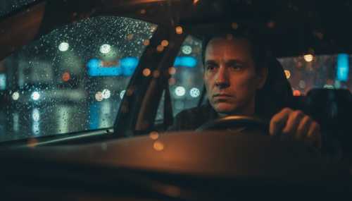 A relatable, photorealistic scene of a person driving a car at night through a rainy city, looking stressed and lost in deep thought. The face is dimly illuminated by the dashboard lights, perfectly capturing the concept of a 'wandering mind' and rumination. Moody atmosphere, high contrast, cinematic photography.