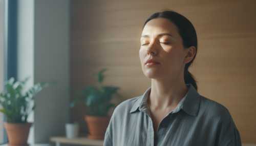 Close-up of a calm, mindful person taking a deep breath with eyes gently closed, standing in a serene, modern room. Soft natural morning light gently illuminates their forehead, symbolizing prefrontal cortex activation, mental clarity, and emotional regulation. Photorealistic, peaceful atmosphere, realistic skin texture.