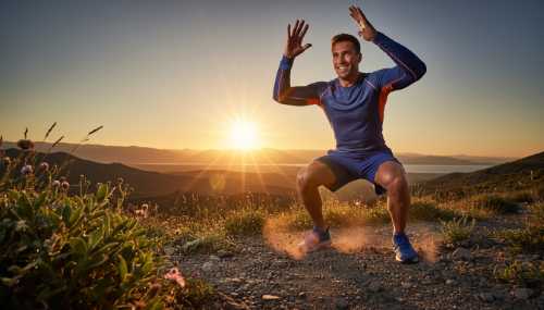 A dynamic, high-quality shot of a fit individual performing a high-intensity interval training (HIIT) movement outdoors at sunrise. They are mid-motion, expressing vitality, strength, and high energy. The golden hour sun creates a beautiful lens flare, highlighting health and optimal biology. Action photography, vibrant colors.