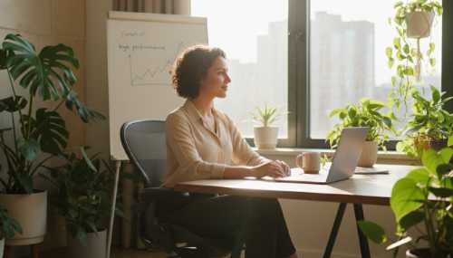 A focused, confident professional sitting in a modern, plant-filled workspace, looking thoughtfully towards a large window with a subtle, realistic smile. The image represents grounded optimism, high performance, and clarity. Bright natural sunlight streaming in, photorealistic, highly detailed, professional photography.