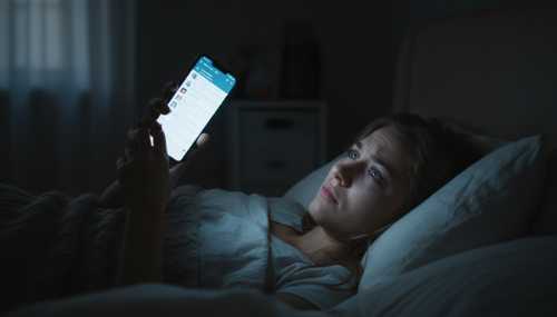 Close-up of an exhausted young woman lying awake in bed in a dark room. Her face is illuminated only by the harsh, cold blue light of a smartphone screen held close to her face. Her eyes appear tired but fixated, conveying a sense of being trapped in an endless scroll. Photorealistic, dramatic lighting, highly textured.
