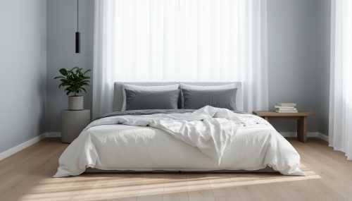 A beautifully designed, minimalist bedroom optimized for deep sleep. Crisp white and cool-grey linen sheets on a comfortable bed. Soft, diffused daylight filters through sheer curtains, creating a cool, airy, and refreshing atmosphere. A subtle indoor plant adds a touch of life. Architectural digest style, photorealistic, serene and calming.