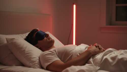 A man resting peacefully on his back in a comfortable bed, wearing a premium silk sleep mask. The room is softly and intentionally illuminated by a warm, dim red light therapy lamp in the corner, creating a deeply relaxing and restorative ambiance. Photorealistic, cinematic depth of field, conveying profound biological rest.