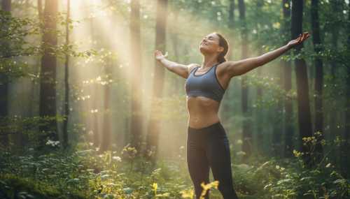 A vibrant, photorealistic image of a healthy, energetic person standing in a lush green forest, stretching their arms gently and breathing in the fresh air. Morning sunlight beautifully filters through the canopy of trees, illuminating their face with a peaceful, revitalized smile. High resolution, bright, conveying ultimate mental clarity and energy.