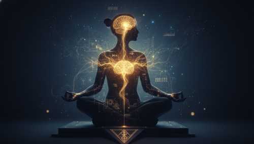 A highly detailed, photorealistic conceptual image showing a serene silhouette of a meditating figure where their internal neural networks, specifically focusing on the brain and chest, are glowing with a warm, golden ethereal light. The image bridges modern high-tech biohacking aesthetics with ancient mysticism. Cinematic lighting, dark background with luminous accents, conveying absolute mental mastery and calm.