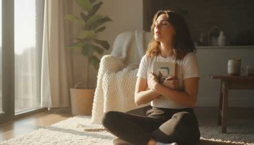 A photorealistic, intimate portrait of a young adult sitting quietly in a modern, sunlit room, holding an open book of poetry close to their chest. Their eyes are closed in a deep, relaxed breath, visibly releasing tension. Soft, warm morning light streams through the window, highlighting organic textures and creating a tranquil, healing atmosphere. Highly detailed, 8k resolution.