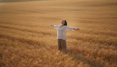 A photorealistic, cinematic shot of a person standing peacefully in a vast, open golden wheat field during golden hour. They are taking a deep, conscious breath with their chest open and shoulders relaxed, embodying a 'power pose' of emotional acceptance. Soft, warm sunlight filtering through the atmosphere, conveying absolute peace, mental clarity, and grounding.