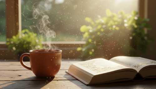 A close-up, photorealistic image of a calming morning routine: a steaming cup of herbal tea and an open, beautifully bound book resting on a rustic wooden table beside a window. Beautiful, glowing 'glimmers' of light and dust motes catch the sunlight. The scene evokes a sense of grounded optimism and a safe, flourishing environment. Sharp focus, aesthetic biohacking lifestyle photography.