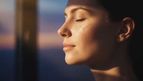 A photorealistic, beautiful portrait of a person's face in profile, softly illuminated by a warm, golden beam of light breaking through soft shadows, symbolizing healing and neurochemical health. The expression is one of profound inner calm, resilience, and vitality. Cinematic, emotional lighting, highly detailed skin texture, evoking the concept of light entering through a wound.