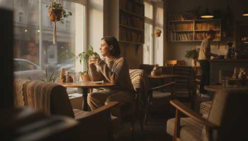 High-quality photorealistic image of a person sitting alone but relaxed in a cozy, softly lit neighborhood cafe, looking out the window thoughtfully while gently holding a coffee cup. Warm, inviting tones, conveying a sense of peaceful presence away from home and work. Cinematic lighting, 8k resolution.