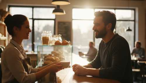 Photorealistic close-up of a brief but genuine smiling exchange between a barista and a customer across a counter in a sunlit bakery. Warm golden hour lighting, conveying feelings of community, safety, and a healthy nervous system. The background is softly blurred to focus on the human connection.