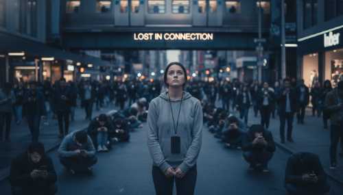 High-resolution photo of a crowded city street or public transport where every single person is staring down at their smartphone. Shallow depth of field focusing on one isolated person looking disconnected and exhausted, emphasizing the paradox of modern loneliness despite digital connection. Cool, muted color palette.