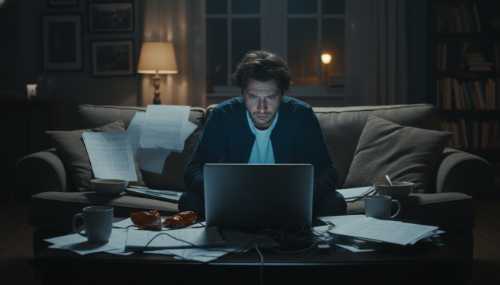 Photorealistic image of a stressed individual working on a laptop sitting on a living room sofa. The scene is illuminated by the harsh, cold blue light of the screen, surrounded by scattered papers and empty mugs, clearly illustrating the blurring of boundaries between a home sanctuary and a stressful workspace. Dramatic lighting, highly detailed.