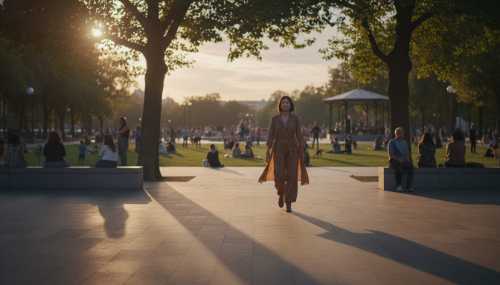 Photorealistic image of a person walking confidently and mindfully through a vibrant urban plaza or park at sunset. Soft, golden light filters through the trees. In the subtly blurred background, other people can be seen relaxing and socializing, evoking a sense of returning to the tribe and reclaiming public space. 8k, highly detailed.
