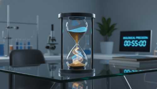A highly detailed, photorealistic image of an elegant, modern hourglass with glowing blue and gold sand inside, resting on a sleek glass desk. Background features soft out-of-focus laboratory and minimalist office elements, representing 5 minutes of biological precision.