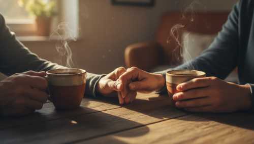 A macro photorealistic shot of a warm, comforting moment between two people holding hands over a rustic wooden table with warm coffee cups. Soft, golden hour sunlight streaming through a window, evoking feelings of safety, human connection, and oxytocin release.