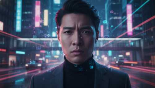 A photorealistic portrait of a modern professional looking overwhelmed but aware in a blurred, fast-paced futuristic city environment. Soft neon lights, subtle representation of digital notifications surrounding them, capturing the feeling of chronic alertness with cinematic depth of field.